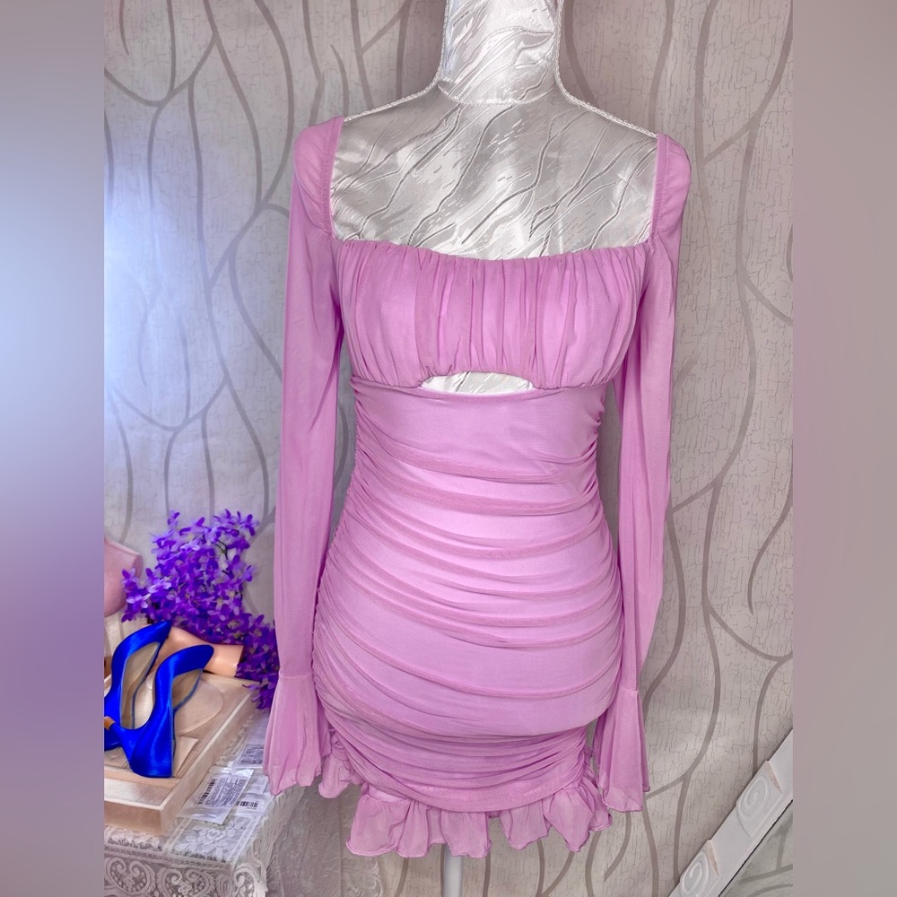 🎀 Lilac Purple Sheer Ruffle Sleeve Cutout Dress 🎀 Petite NWOT